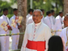 Cardinal Malcolm Ranjith outside his residence in Colombo, Sri Lanka on Jan. 13, 2015, arrives to greet Vatican Secretary of State Cardinal Pietro Parolin.